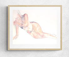 Load image into Gallery viewer, 16” x 20” original watercolor subtle nude female figure painting in an expressive, impressionist, minimalist, modern style by contemporary fine artist Elizabeth Becker. Soft peach, light pink and white colors.
