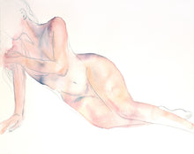 Load image into Gallery viewer, 16” x 20” original watercolor subtle nude female figure painting in an expressive, impressionist, minimalist, modern style by contemporary fine artist Elizabeth Becker. Soft peach, light pink and white colors.
