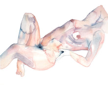 Load image into Gallery viewer, 16” x 20” original watercolor subtle nude female figure painting in an expressive, impressionist, minimalist, modern style by contemporary fine artist Elizabeth Becker. Soft peach, light pink, gray and white colors. 
