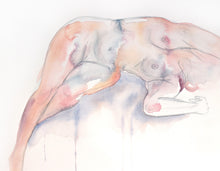 Load image into Gallery viewer, 16” x 20” original watercolor subtle nude female figure painting in an expressive, impressionist, minimalist, modern style by contemporary fine artist Elizabeth Becker. Soft peach, light pink, gray and white colors.
