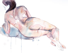 Load image into Gallery viewer, 16” x 20” original watercolor subtle nude female figure painting in an expressive, impressionist, minimalist, modern style by contemporary fine artist Elizabeth Becker. Soft peach, light pink, gray and white colors.
