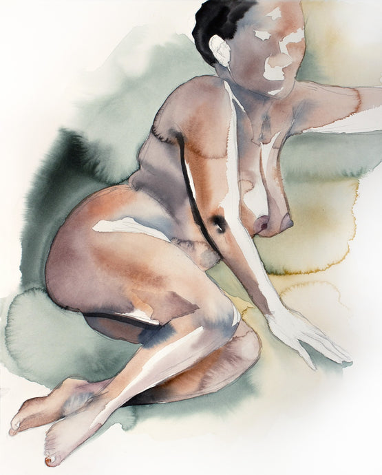 16” x 20” original watercolor nude seated figure painting of African American woman / female in an expressive, impressionist, minimalist, modern style by contemporary fine artist Elizabeth Becker. Black Lives Matter artwork. Loose watery blooms. Brown, peach, olive, dark green, gold, yellow ochre and white colors.