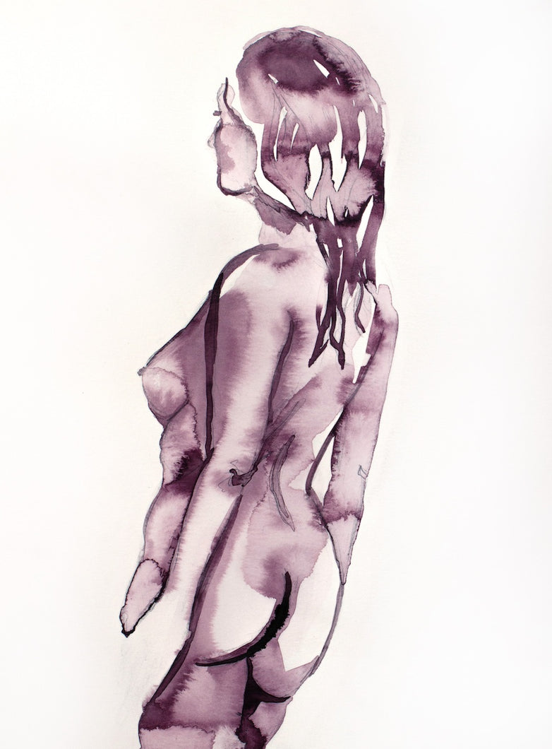 9” x 12” original watercolor nude female figure painting in an abstract, expressive, watery, impressionist, minimalist, modern style by contemporary fine artist Elizabeth Becker. Muted burgundy purple, maroon and white colors.