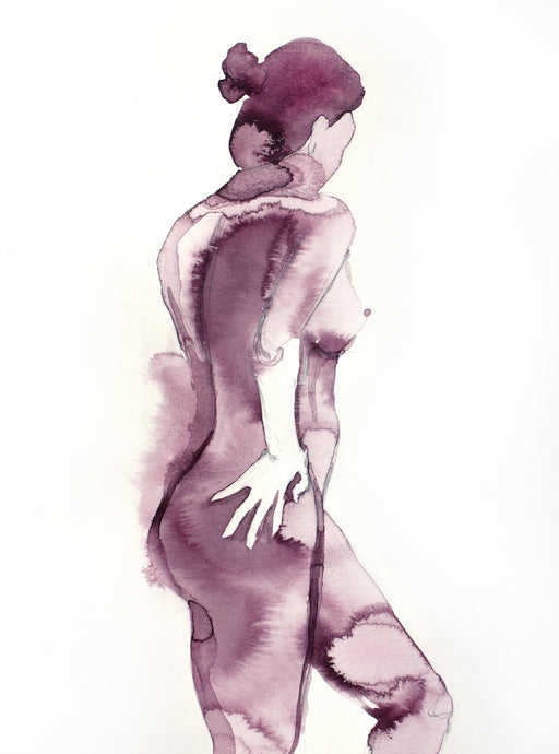 9” x 12” original watercolor nude female figure painting in an abstract, expressive, watery, impressionist, minimalist, modern style by contemporary fine artist Elizabeth Becker. Muted burgundy purple, maroon and white colors.