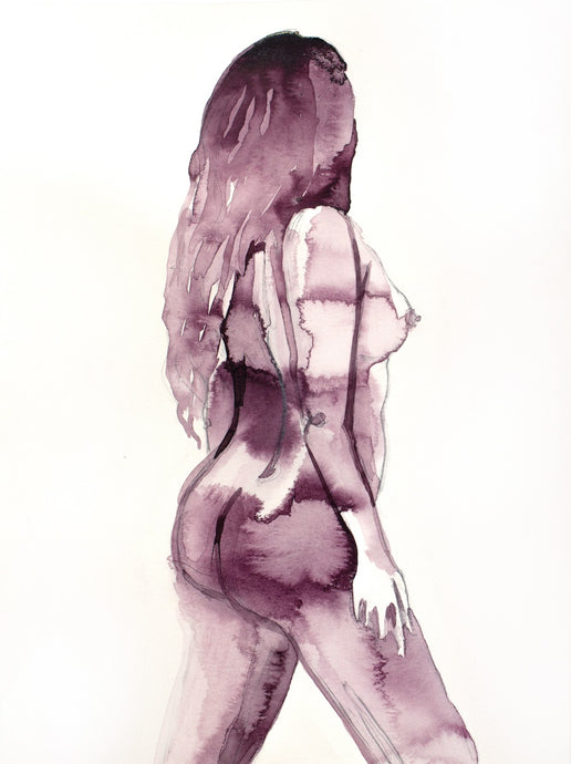 9” x 12” original watercolor nude female figure painting in an abstract, expressive, watery, impressionist, minimalist, modern style by contemporary fine artist Elizabeth Becker. Muted burgundy purple, maroon and white colors.