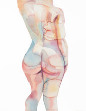 Load image into Gallery viewer, 16" x 20" original watercolor nude abstract female figure painting in an expressive, impressionist, minimalist, ethereal, modern, watery, subtle, sexy, erotic style by contemporary fine artist Elizabeth Becker. Woman from behind, back and butt. Soft peach, light blue and white colors.

