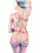 Load image into Gallery viewer, 16" x 20" original watercolor nude abstract female figure painting in an expressive, impressionist, minimalist, ethereal, modern, watery, subtle, sexy style by contemporary fine artist Elizabeth Becker. Woman standing from behind, back and butt. Soft peach, pink and white colors.

