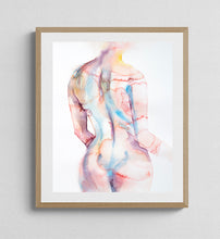 Load image into Gallery viewer, 16" x 20" original watercolor nude abstract female figure painting in an expressive, impressionist, minimalist, ethereal, modern, watery, subtle, sexy style by contemporary fine artist Elizabeth Becker. Woman standing from behind, back and butt. Soft peach, light blue white colors.
