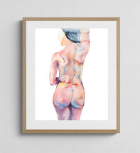 Load image into Gallery viewer, 16" x 20" original watercolor nude abstract female figure painting in an expressive, impressionist, minimalist, ethereal, modern, watery, subtle, sexy style by contemporary fine artist Elizabeth Becker. Woman standing from behind, back and butt. Soft peach, pink and white colors.
