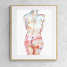Load image into Gallery viewer, 16" x 20" original watercolor nude abstract female figure painting in an expressive, impressionist, minimalist, ethereal, modern, watery, subtle style by contemporary fine artist Elizabeth Becker. Woman standing from behind, back and butt. Soft peach, apricot and white colors.
