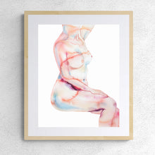 Load image into Gallery viewer, 16" x 20" original watercolor nude abstract female figure painting in an expressive, impressionist, minimalist, ethereal, modern, watery, subtle tasteful erotic style by contemporary fine artist Elizabeth Becker. Woman seated or sitting. Soft peach, apricot and white colors.
