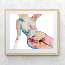 Load image into Gallery viewer, 16" x 20" original watercolor nude abstract female figure painting in an expressive, impressionist, minimalist, ethereal, modern, watery, subtle tasteful erotic style by contemporary fine artist Elizabeth Becker. Woman seated, sitting or laying. Soft peach, apricot, light blue and white colors.
