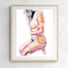 Load image into Gallery viewer, 16" x 20" original watercolor nude abstract female figure painting in an expressive, impressionist, minimalist, ethereal, modern, watery, subtle tasteful erotic style by contemporary fine artist Elizabeth Becker. Woman seated, sitting or kneeling. Soft peach, apricot and white colors.
