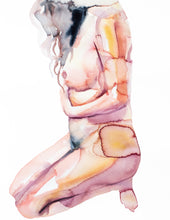 Load image into Gallery viewer, 16" x 20" original watercolor nude abstract female figure painting in an expressive, impressionist, minimalist, ethereal, modern, watery, subtle tasteful erotic style by contemporary fine artist Elizabeth Becker. Woman seated, sitting or kneeling. Soft peach, apricot and white colors.
