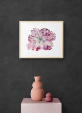 Load image into Gallery viewer, 16&quot; x 20&quot; original watercolor botanical floral painting in an expressive, loose, watery, minimalist, modern style by contemporary fine artist Elizabeth Becker. Prints available. Monochromatic soft dark pink, mauve purple and peach with white background. Framed.
