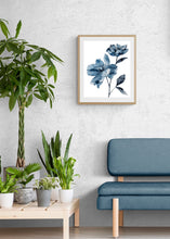 Load image into Gallery viewer, 16&quot; x 20&quot; original watercolor botanical peony flowers painting in an expressive, loose, watery, minimalist, modern style by contemporary fine artist Elizabeth Becker. Prints available. Monochromatic blue, black and white colors. Framed in a room.
