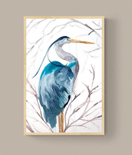 Load image into Gallery viewer, 24" x 36" original watercolor painting on canvas of standing heron, crane or egret with tree branches. Varnished and ready-to-hang. Expressive, impressionist, loose, watery, ethereal, minimalist, modern style by contemporary fine artist Elizabeth Becker. Prints available. Soft teal blue, turquoise, gray and white colors.
