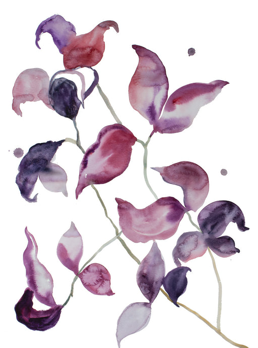 18” x 24” original watercolor botanical nature painting of plant leaves in an abstract, expressive, impressionist, minimalist, modern style by contemporary fine artist Elizabeth Becker. Monochromatic muted mauve, purple, pink and red colors with white background. 