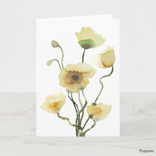 Load image into Gallery viewer, Greeting card featuring print of watercolor painting by contemporary artist Elizabeth Becker. Blank inside for any occasion. Botanical, floral, poppy flowers. Soft yellow, olive green and white colors.  Loose, expressive, minimalist, modern watercolor art.
