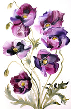 Load image into Gallery viewer, 24" x 36" original watercolor botanical poppies. Large-scale poppy flower bouquet painting on canvas. Varnished and ready-to-hang. Expressive, impressionist, loose, watery, moody, minimalist, modern style by contemporary fine artist Elizabeth Becker. Prints available. Fuchsia, dark pink, purple, black, olive green and white colors.
