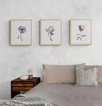Load image into Gallery viewer, 9” x 12” original botanical floral ink painting in an expressive, impressionist, minimalist, modern style by contemporary fine artist Elizabeth Becker. Soft watery mauve, eggplant, plum purple and white colors. Wall art collage collection.
