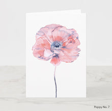 Load image into Gallery viewer, Greeting card featuring print of watercolor painting by contemporary artist Elizabeth Becker. Blank inside for any occasion. Botanical, floral, poppy flower. Soft pink, gray, black and white colors.  Loose, expressive, minimalist, modern watercolor art.
