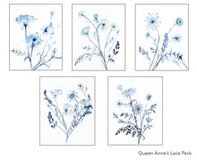 Load image into Gallery viewer, Greeting card pack featuring prints of watercolor paintings by contemporary artist Elizabeth Becker. Set of 6 Cards. Blank inside for any occasion. Vintage botanical, floral, Queen Anne&#39;s Lace flowers. Expressive, minimalist, modern fine art illustrations. Dark blue and white colors.
