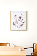 Load image into Gallery viewer, 16” x 20” original watercolor queen anne&#39;s lace botanical wildflower painting in an expressive, impressionist, minimalist, modern style by contemporary fine artist Elizabeth Becker. Burgundy, maroon, muted deep purple colors with white background.  Framed.
