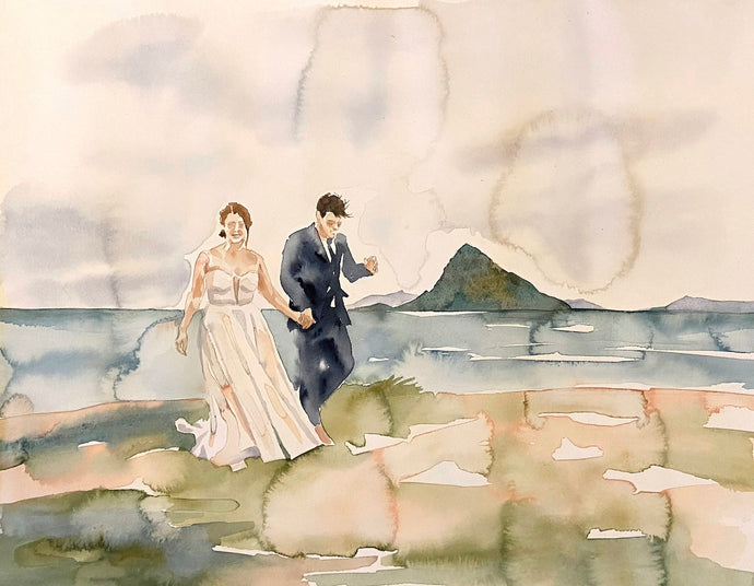 Commission a custom wedding couple portrait / figure watercolor painting by contemporary artist Elizabeth Becker in an expressive, impressionist, minimalist, modern style.