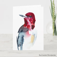 Load image into Gallery viewer, Greeting card featuring print of watercolor painting by contemporary artist Elizabeth Becker. Blank inside for any occasion. Red-headed woodpecker bird, wildlife portrait. Expressive, impressionist, minimalist, modern. Vibrant red, gray and white colors.  Loose, expressive, minimalist, modern watercolor art.
