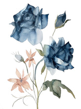 Load image into Gallery viewer, Commission custom rose flowers watercolor painting by contemporary artist Elizabeth Becker in an expressive, impressionist, minimalist, modern style. Monochromatic blue and green colors.
