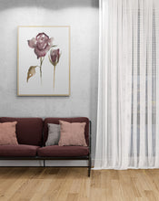 Load image into Gallery viewer, 9” x 12” original watercolor botanical floral rose painting in an ethereal, expressive, impressionist, minimalist, modern style by contemporary fine artist Elizabeth Becker. Soft and deep moody mauve purple, brown, olive green and white colors.
