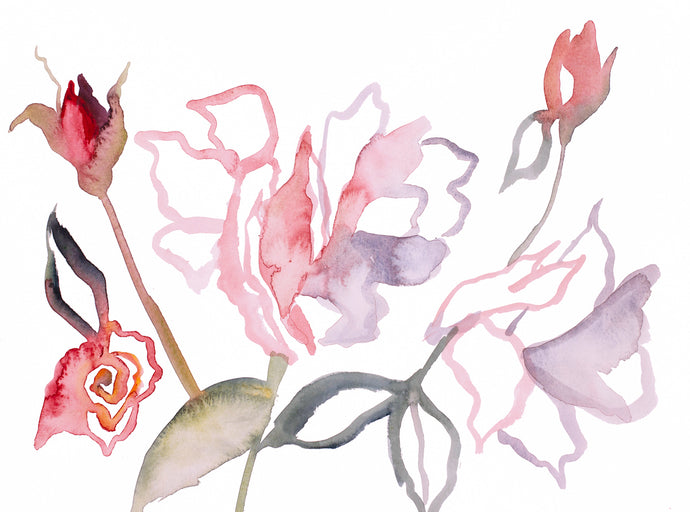 9” x 12” original watercolor botanical abstract floral rose painting in an ethereal, expressive, impressionist, minimalist, modern style by contemporary fine artist Elizabeth Becker