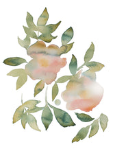 Load image into Gallery viewer, 9&quot; x 12&quot; original watercolor botanical rose floral painting in an expressive, abstract, minimalist, modern, loose, watery style by contemporary fine artist Elizabeth Becker. Tranquil, serene, calming, peaceful boho wall art. Soft muted blush pink, peach and olive green pastel colors with white background.
