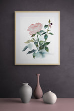 Load image into Gallery viewer, 16&quot; x 20&quot; original watercolor botanical rose floral painting in an expressive, abstract, minimalist, modern, loose, watery style by contemporary fine artist Elizabeth Becker. Tranquil, serene, calming, peaceful boho wall art. Soft muted pink and dark green colors with white background. Framed in a room.
