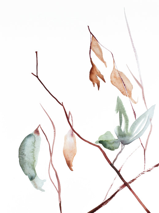 9” x 12” original watercolor botanical nature plant painting of leaves and branches in an expressive, impressionist, minimalist, modern style by contemporary fine artist Elizabeth Becker