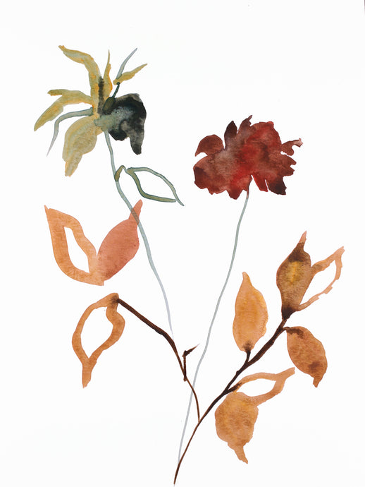 9” x 12” original watercolor botanical autumn floral painting in an expressive, impressionist, minimalist, modern style by contemporary fine artist Elizabeth Becker