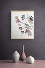 Load image into Gallery viewer, 16” x 20” original watercolor botanical shadow floral painting in an expressive, impressionist, minimalist, modern style by contemporary fine artist Elizabeth Becker. Soft watery monochromatic mauve purple, gray, black and white colors. 
