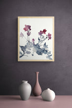 Load image into Gallery viewer, 16” x 20” original watercolor botanical shadow floral painting in an expressive, impressionist, minimalist, modern style by contemporary fine artist Elizabeth Becker. Soft watery monochromatic mauve purple, red, gray, black and white colors.
