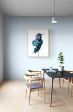 Load image into Gallery viewer, 9” x 12” original watercolor starling bird painting in an ethereal, expressive, impressionist, minimalist, modern style by contemporary fine artist Elizabeth Becker. Watery monochromatic black, green, purple and white colors.
