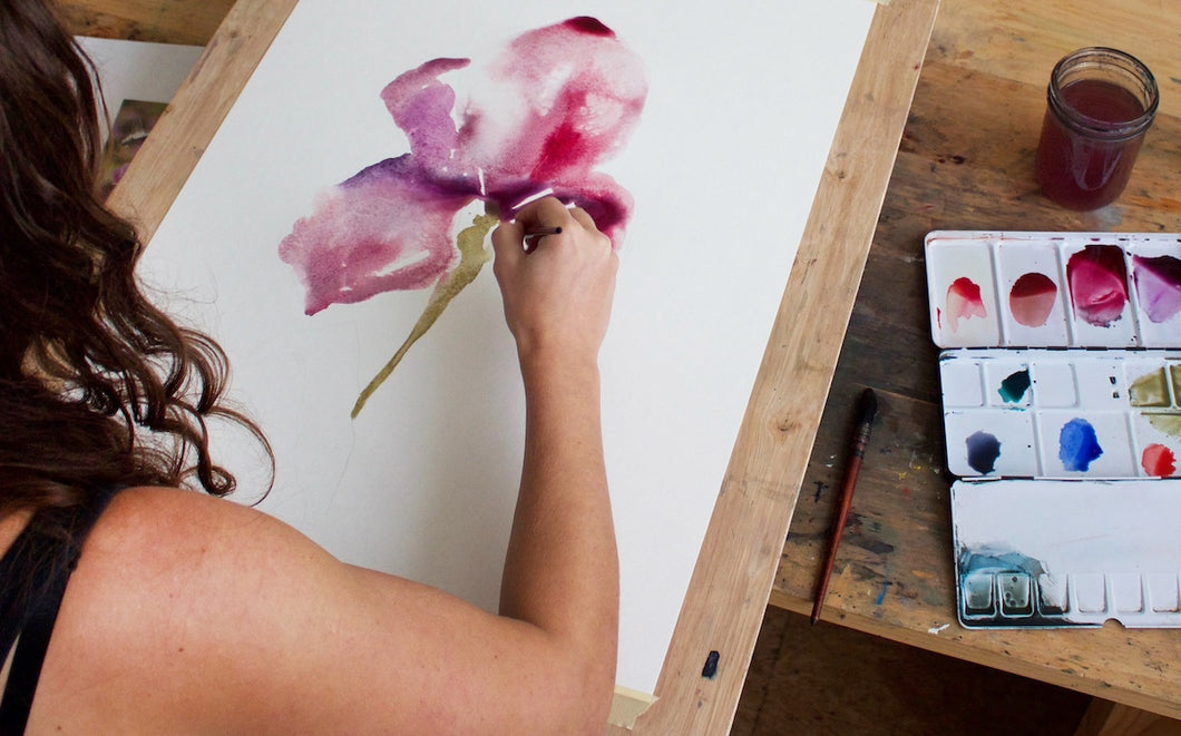 Contemporary watercolor artist Elizabeth at work in her studio. Painting in Progress. In-Process Artwork.