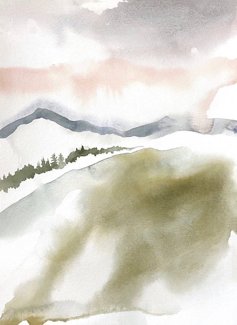 9” x 12” original watercolor abstract landscape painting in an ethereal, expressive, impressionist, minimalist, modern style by contemporary fine artist Elizabeth Becker