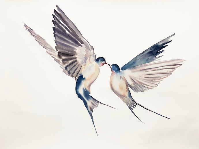 Commission a custom watercolor painting of flying birds by contemporary artist Elizabeth Becker in an expressive, impressionist, minimalist, modern style.