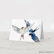 Load image into Gallery viewer, Greeting card featuring print of watercolor painting by contemporary artist Elizabeth Becker. Blank inside for any occasion. Flying swallows. Expressive birds in flight. Minimalist modern wildlife animals. Dark blue, soft gray and white colors.  Loose, expressive, minimalist, modern watercolor art.
