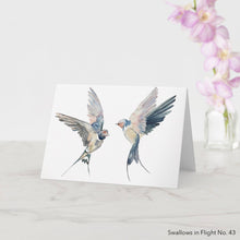 Load image into Gallery viewer, Greeting card featuring print of watercolor painting by contemporary artist Elizabeth Becker. Blank inside for any occasion. Flying swallows. Expressive birds in flight. Minimalist modern wildlife animals. Dark blue, soft gray and white colors.  Loose, expressive, minimalist, modern watercolor art.
