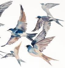 Load image into Gallery viewer, 26” x 40” original watercolor painting of flying barn swallows flock of birds. Large-scale wildlife nature animal illustration in an expressive, minimalist, modern style by contemporary fine artist Elizabeth Becker. Monochromatic neutral soft gray colors.
