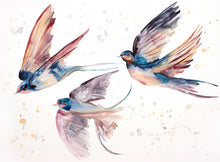Load image into Gallery viewer, 30" x 40" original watercolor painting on canvas of flying barn swallow birds. Varnished and ready-to-hang. Expressive, impressionist, loose, watery, minimalist, modern style by contemporary fine artist Elizabeth Becker. Prints available. Dark blue, peach, mauve purple and white.
