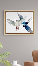 Load image into Gallery viewer, 16” x 20” original watercolor pair or couple of flying swallow birds painting in an expressive, impressionist, minimalist, modern style by contemporary fine artist Elizabeth Becker. Soft peach, gray, ink blue and white colors.
