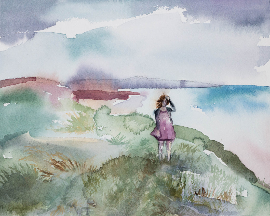 8” x 10” original watercolor abstract figure on coast or beach landscape painting in an expressive, impressionist, moody, minimalist, modern style by contemporary fine artist Elizabeth Becker