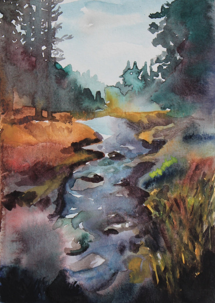 5” x 7” original watercolor abstract foggy creek or river and trees landscape painting in an expressive, impressionist, dark, moody style by contemporary fine artist Elizabeth Becker